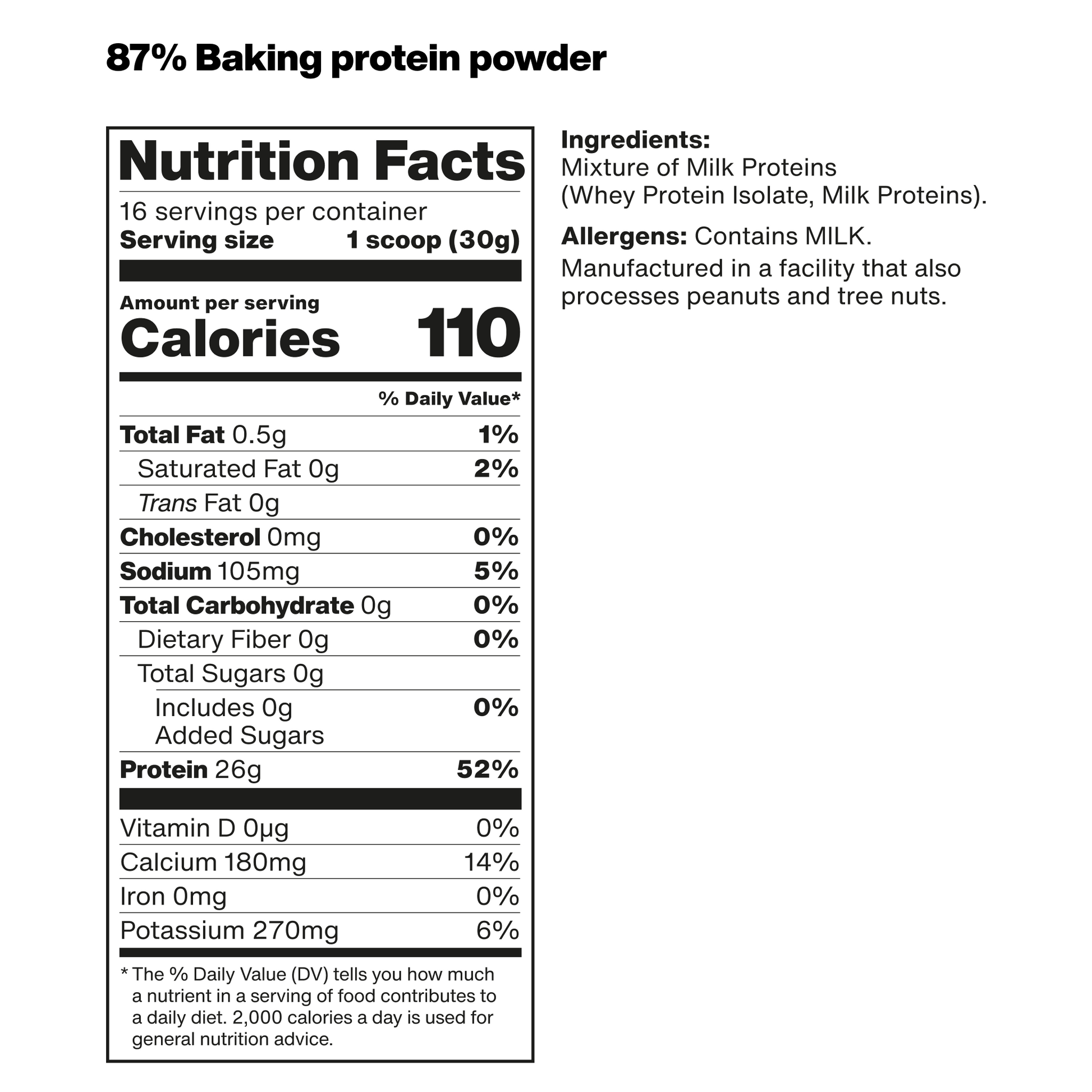 nutrition facts label for vilgain 87% baking protein powder