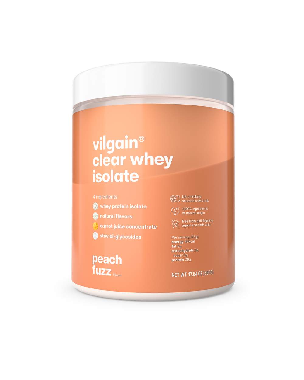 orange container of vilgain clear whey isolate with peach fuzz flavor on a white background