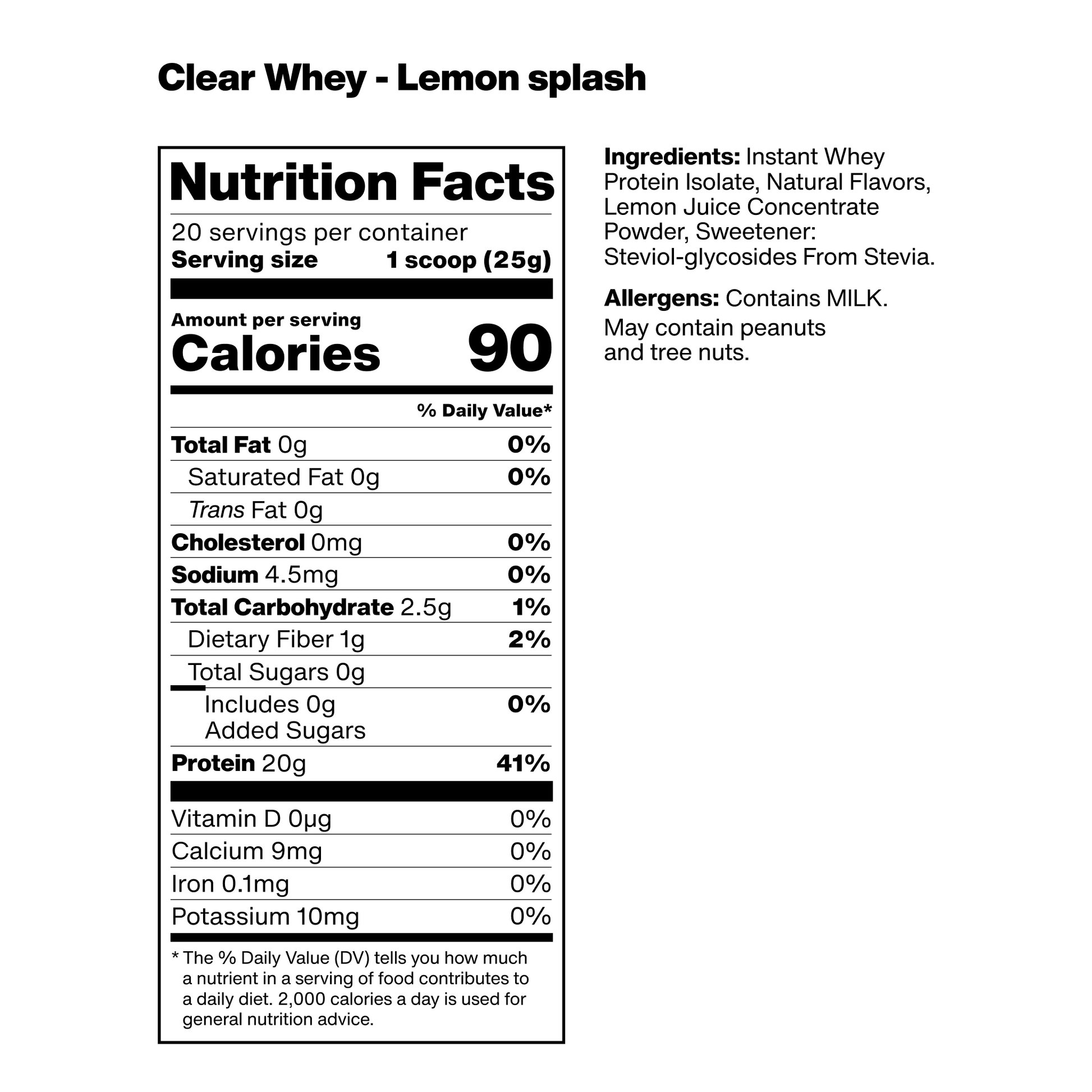 nutrition facts label for vilgain clear whey isolate with lemon splash flavor