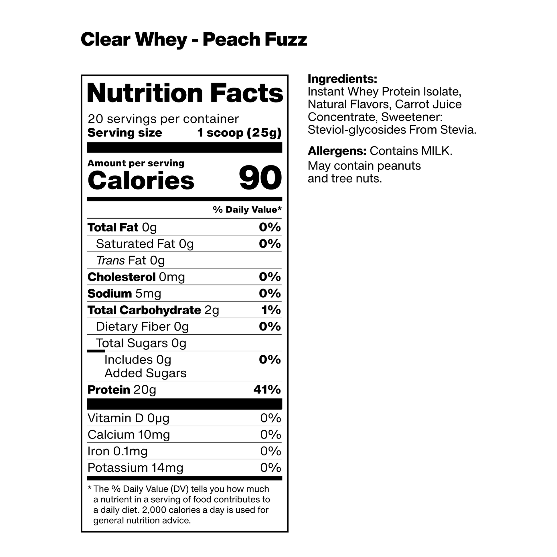 nutrition facts label for vilgain clear whey isolate with peach fuzz flavor