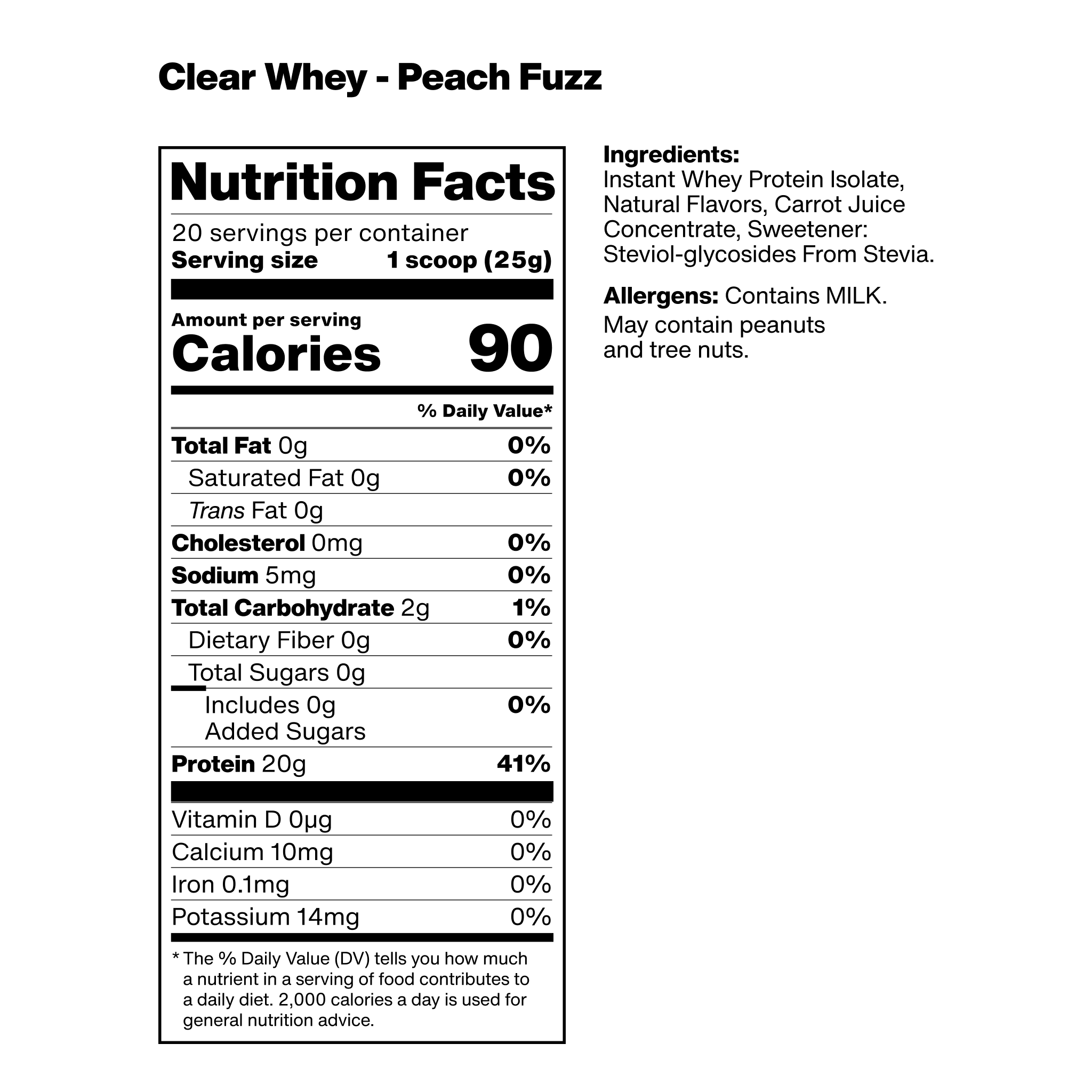 nutrition facts label for vilgain clear whey isolate with peach fuzz flavor