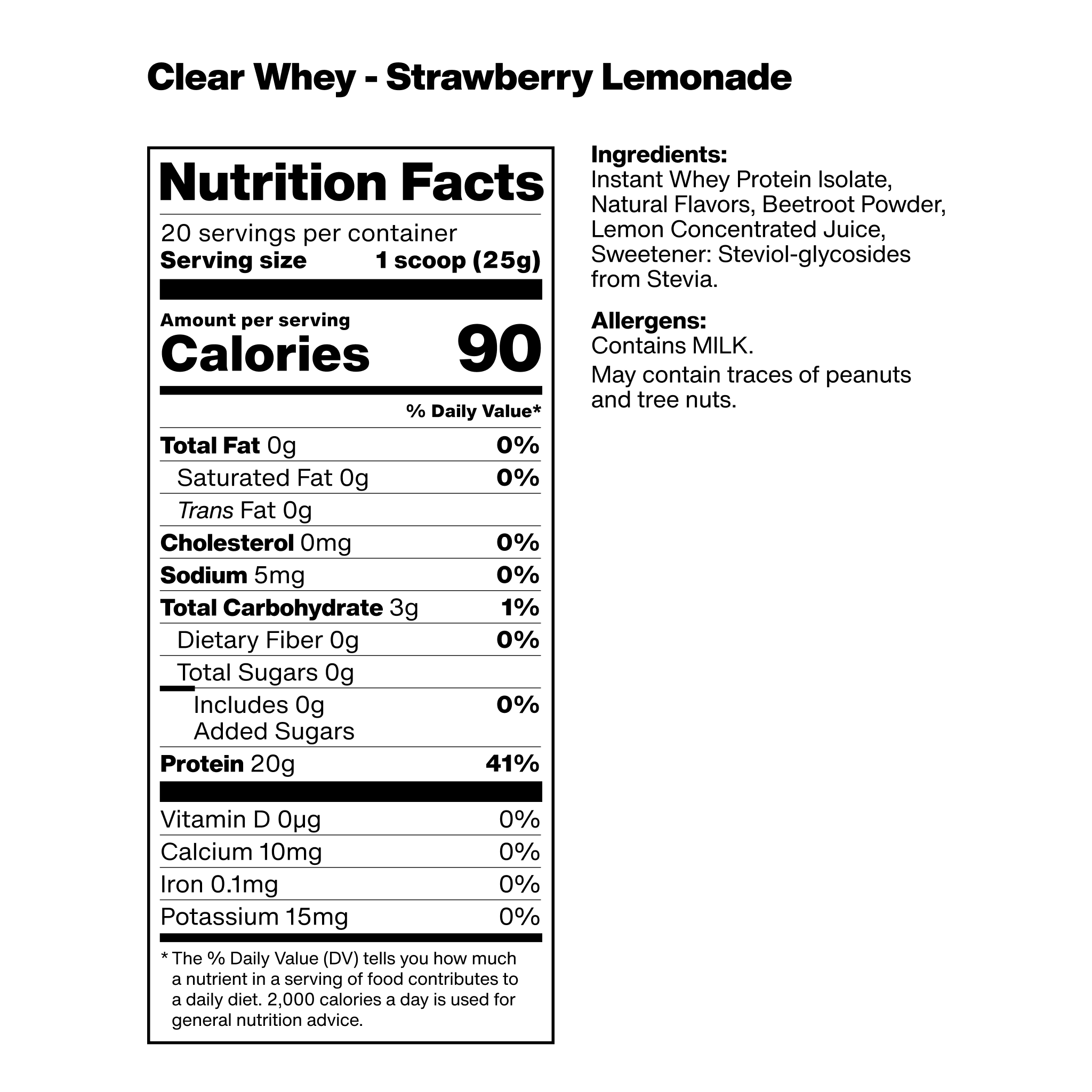nutrition facts label for vilgain clear whey isolate with strawberry lemonade flavor