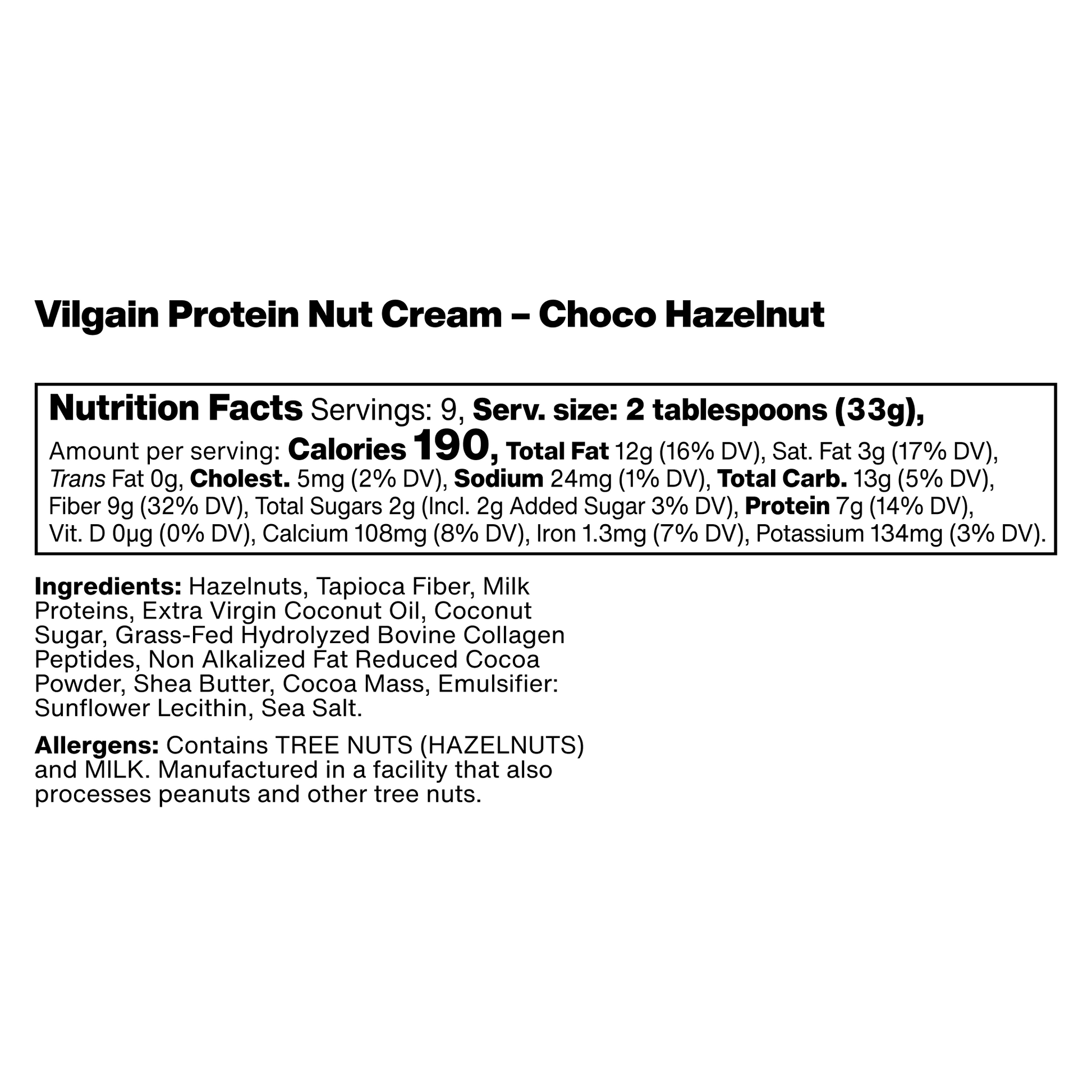 nutrition facts label for vilgain prebiotic protein cream with choco hazelnut flavor