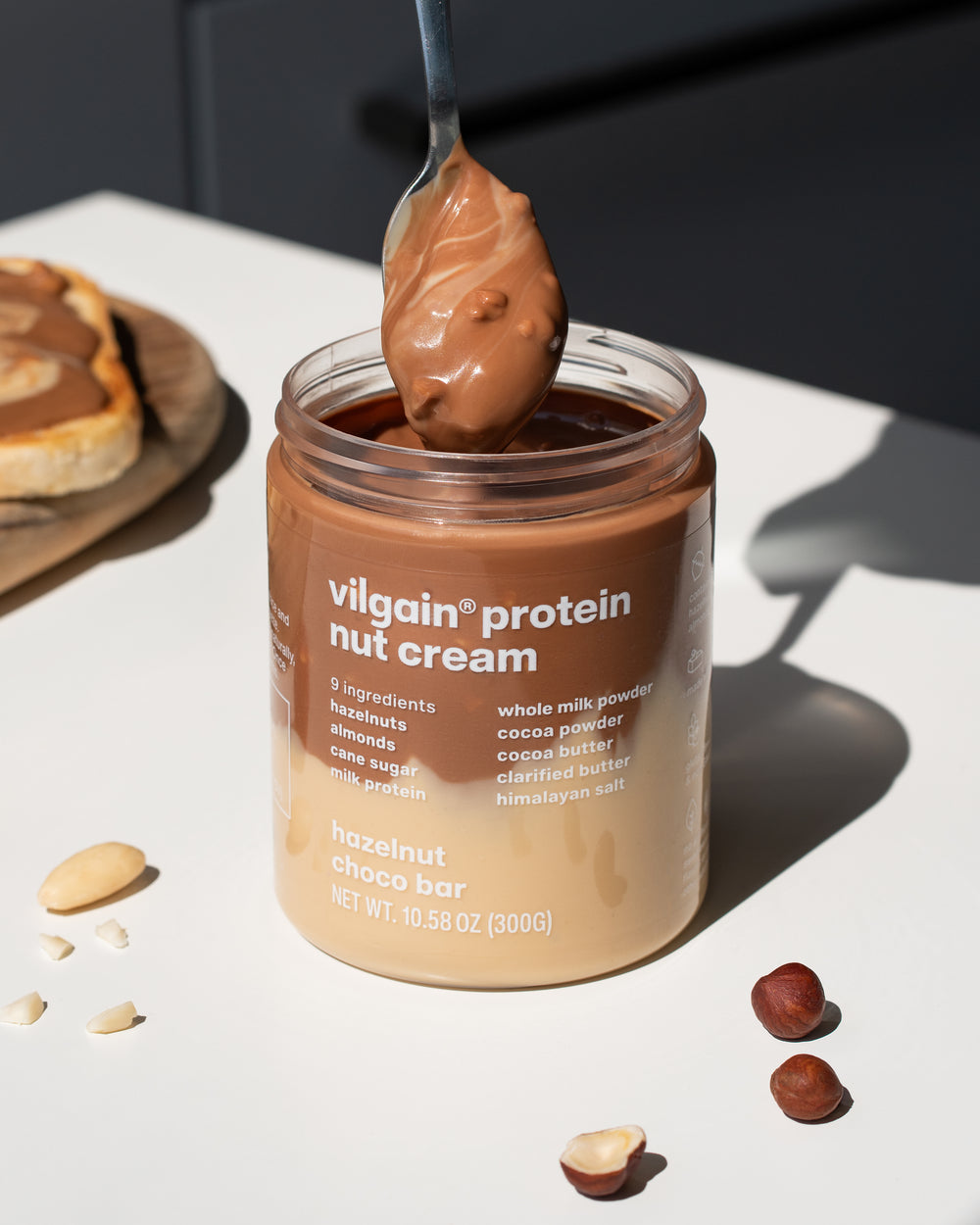 texture of vilgain protein nut cream on a spoon