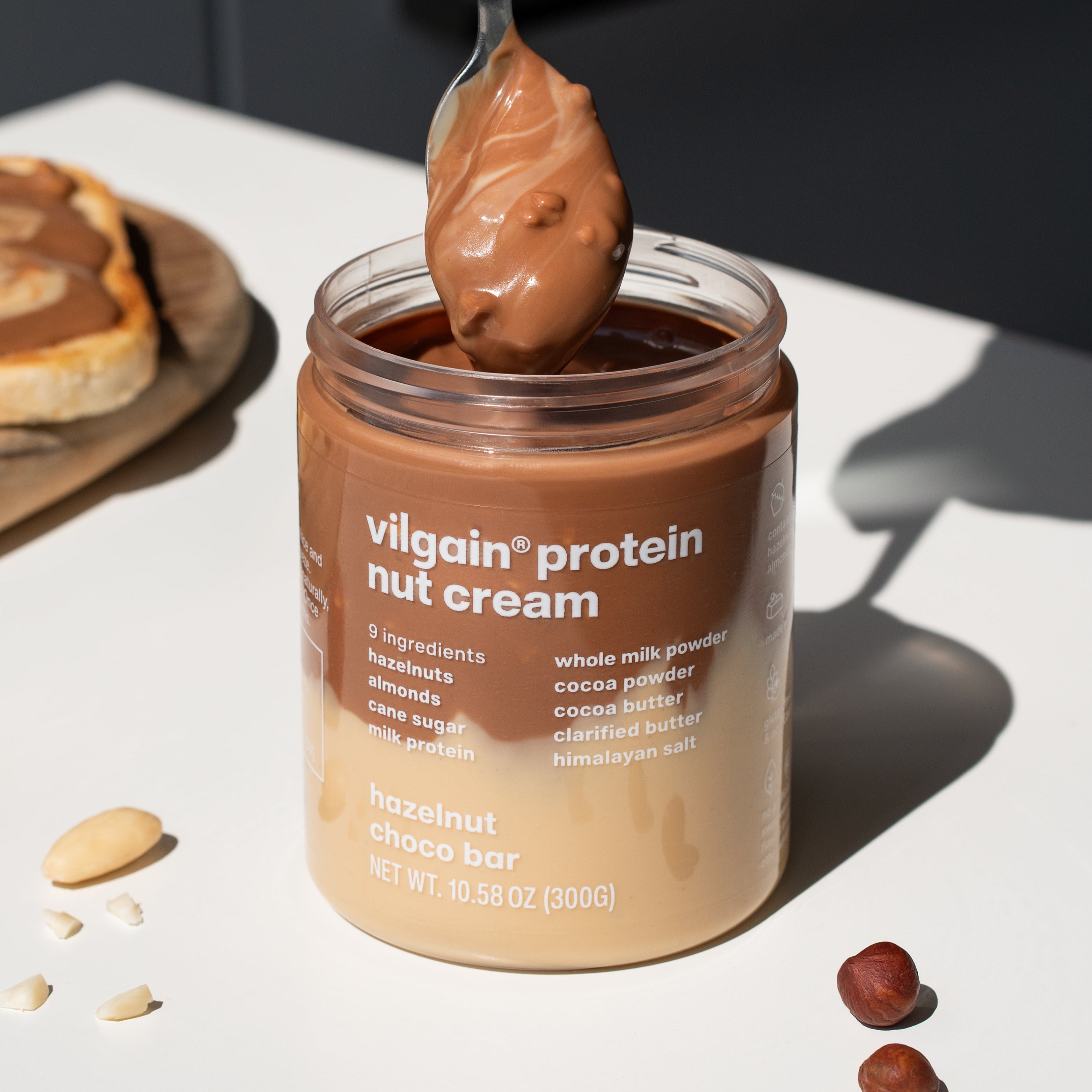 texture of vilgain protein nut cream on a spoon