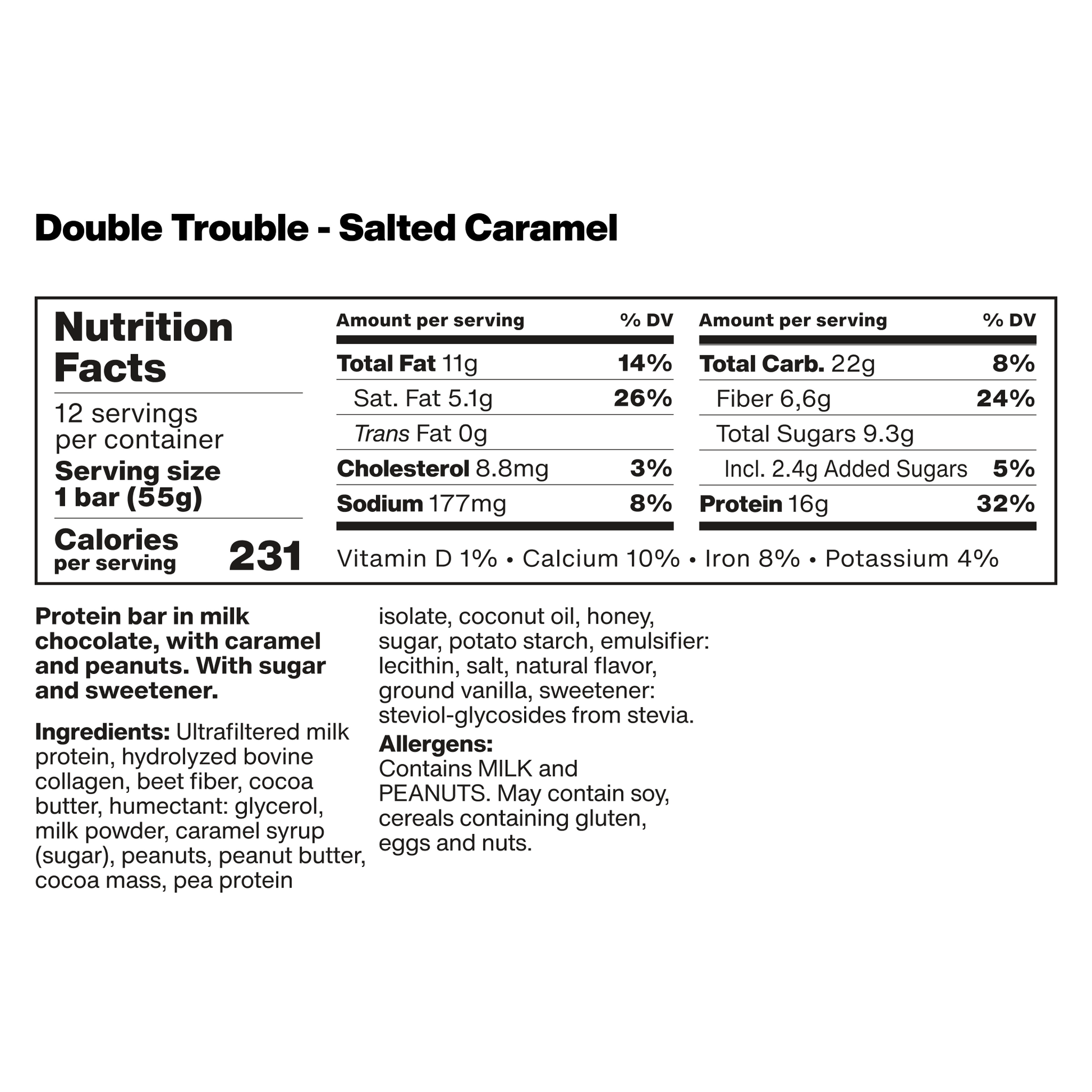 nutrition facts label for a vilgain double trouble protein bar with salted caramel flavor