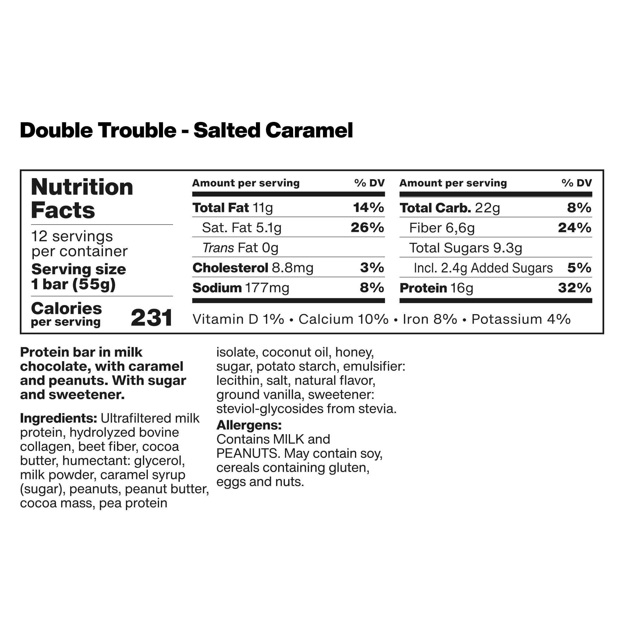 nutrition facts label for a vilgain double trouble protein bar with salted caramel flavor