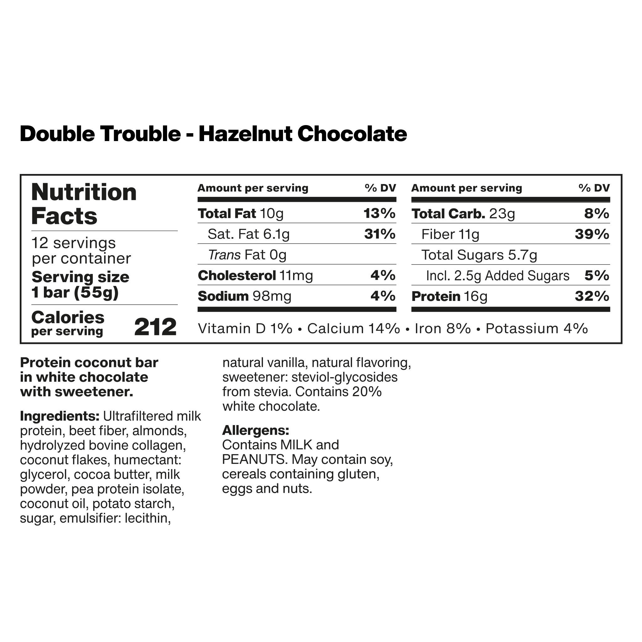 nutrition facts label for a vilgain double trouble protein bar with hazelnut chocolate flavor