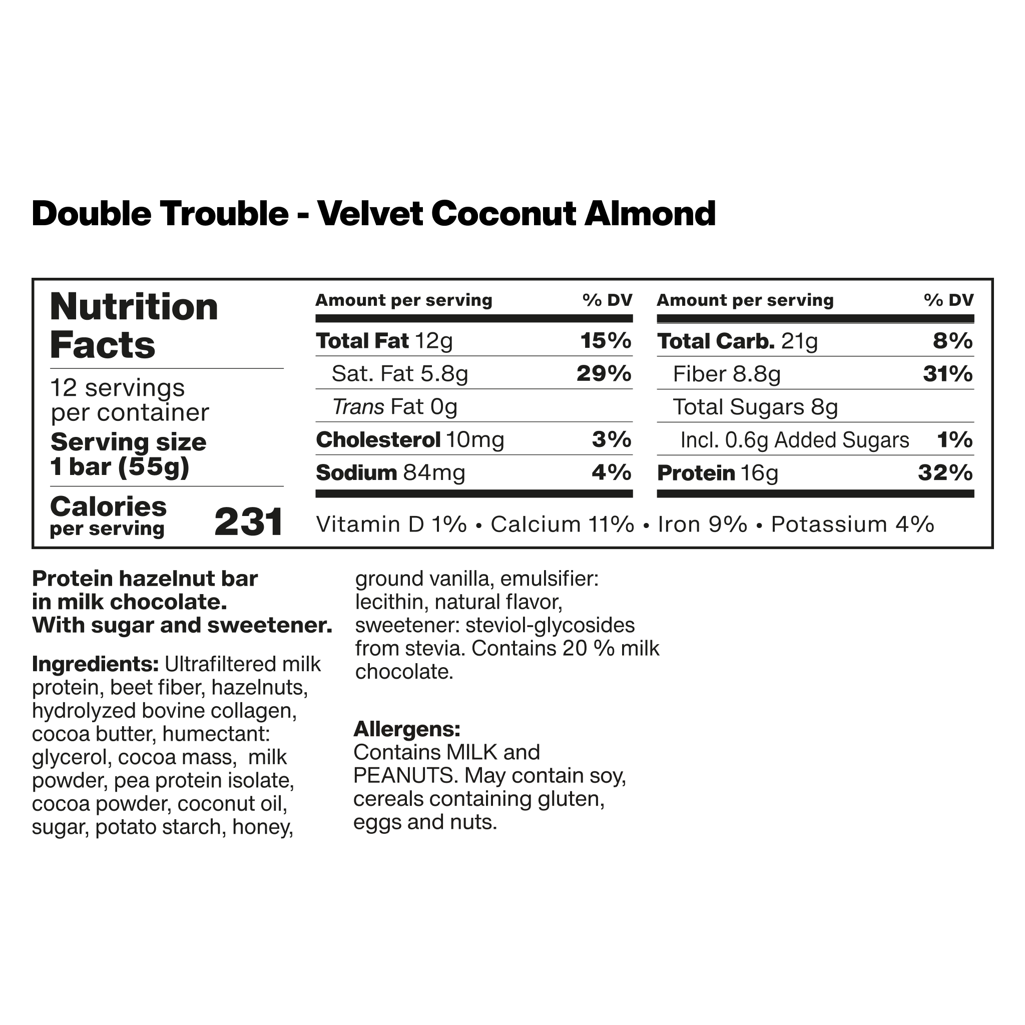 nutrition facts label for a vilgain double trouble protein bar with velvet coconut almond flavor