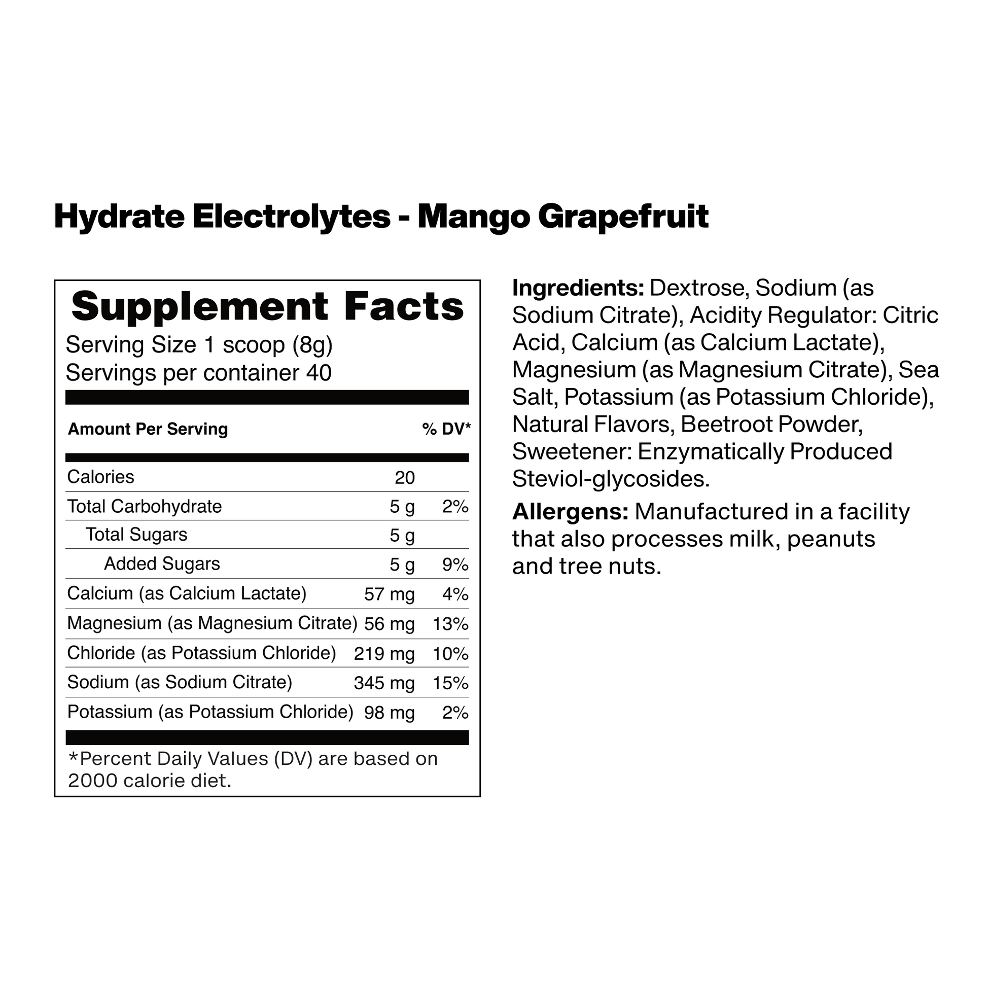 supplement facts label for vilgain electrolytes with mango grapefruit flavor