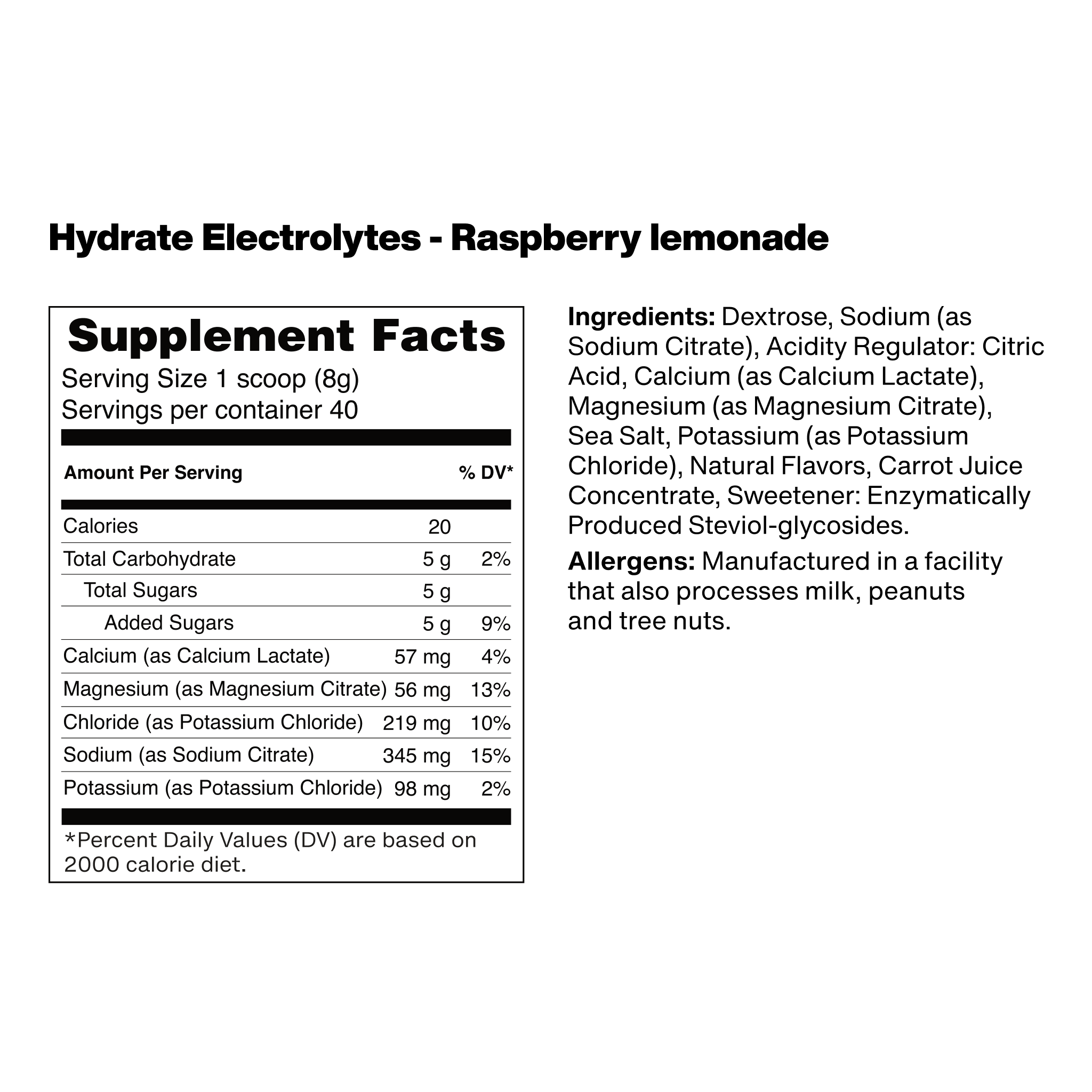 supplement facts label for vilgain electrolytes with raspberry lemonade flavor