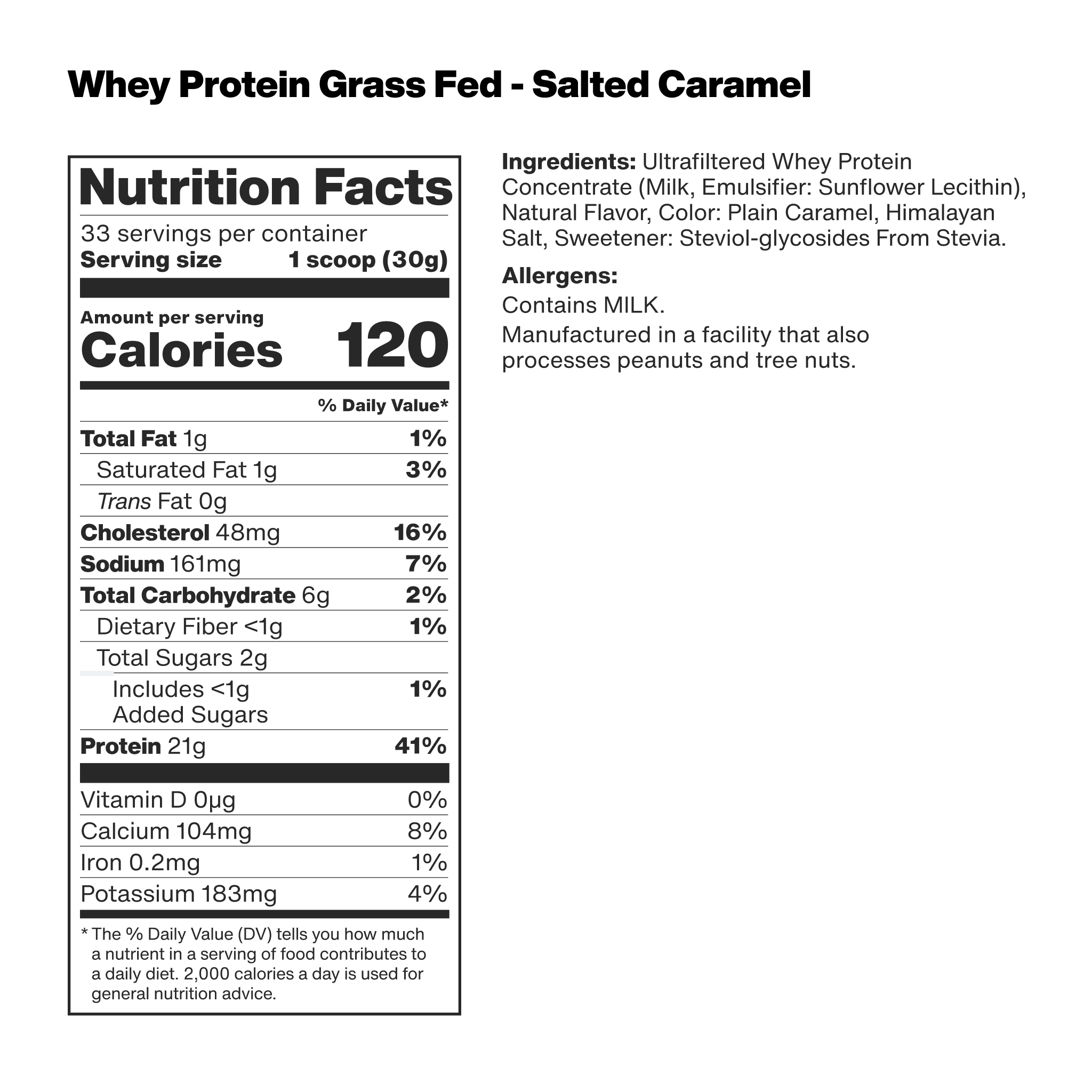 nutrition facts label for vilgain grass-fed whey protein with salted caramel flavor