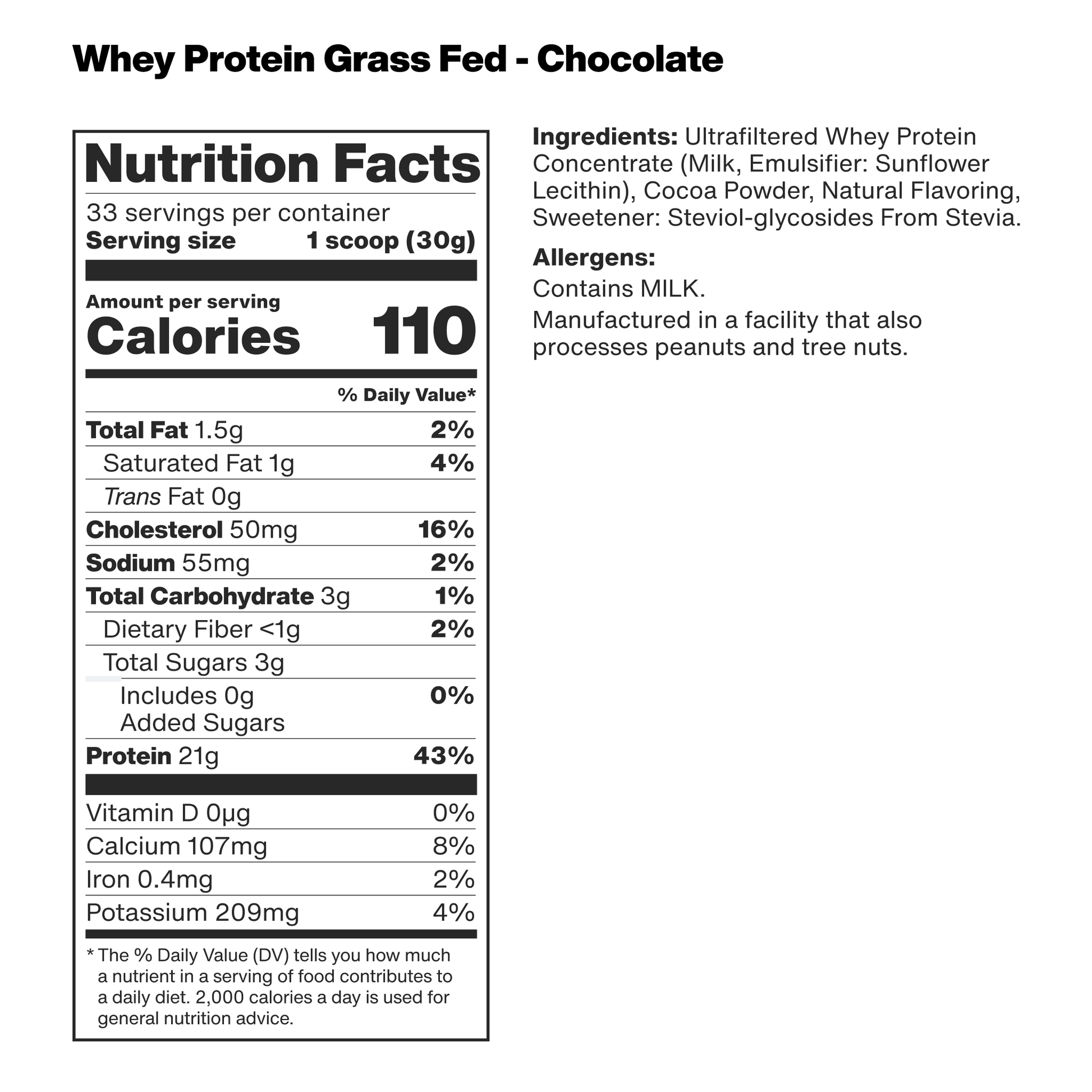 nutrition facts label for vilgain grass-fed whey protein with chocolate flavor