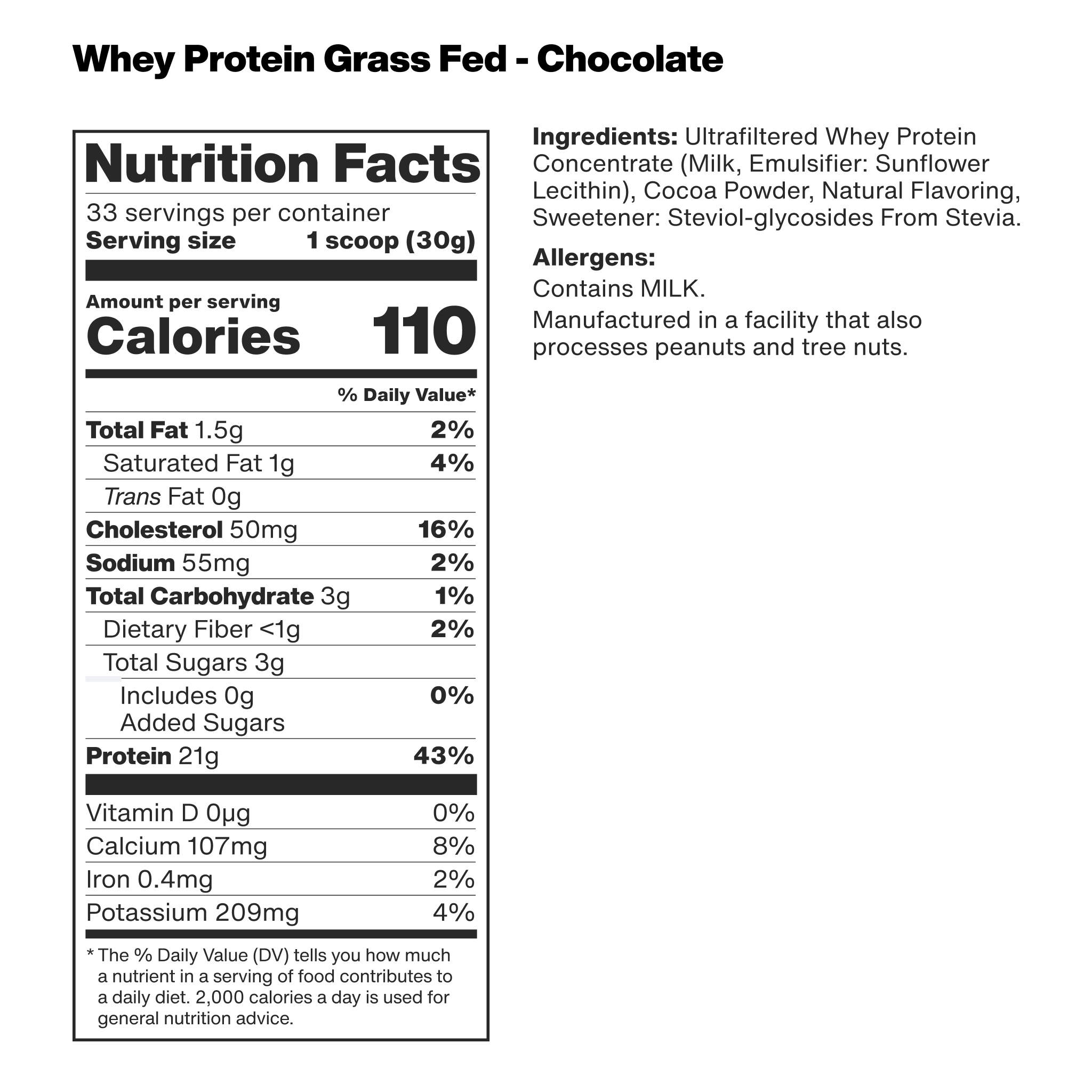 nutrition facts label for vilgain grass-fed whey protein with chocolate flavor