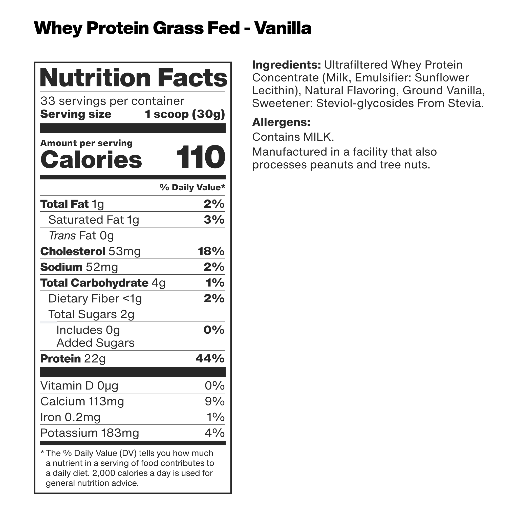 nutrition facts label for vilgain grass-fed whey protein with vanilla flavor