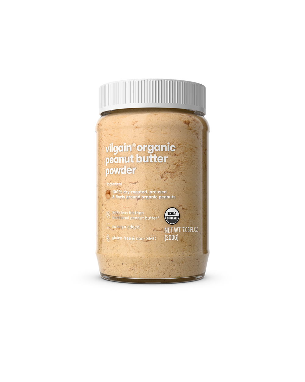 jar of vilgain peanut butter powder on a white background