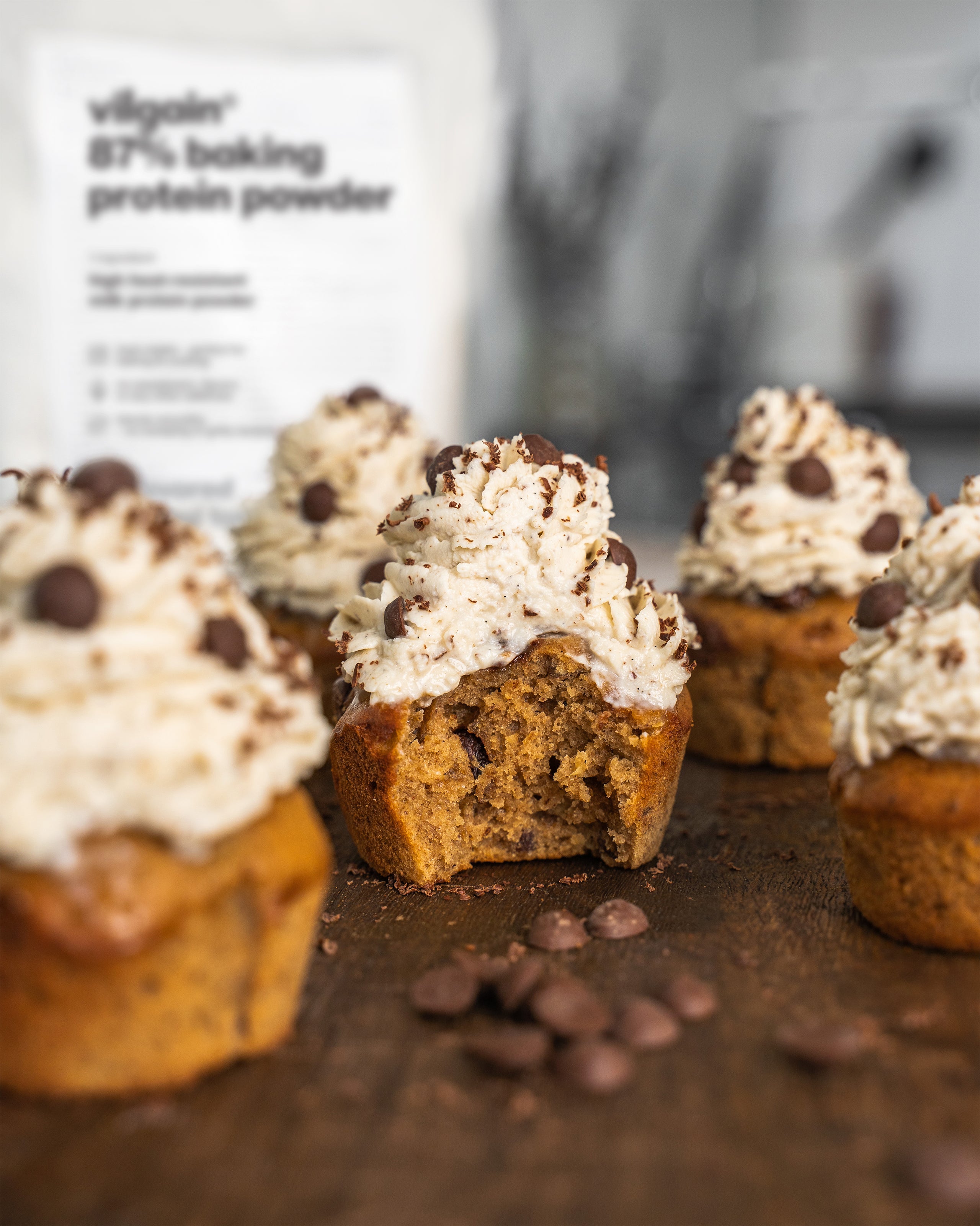 chocolate chips muffins showing fluffy texture thanks to vilgain 87% baking protein powder