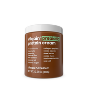 jar of vilgain prebiotic protein cream with choco hazelnut flavor on a white background