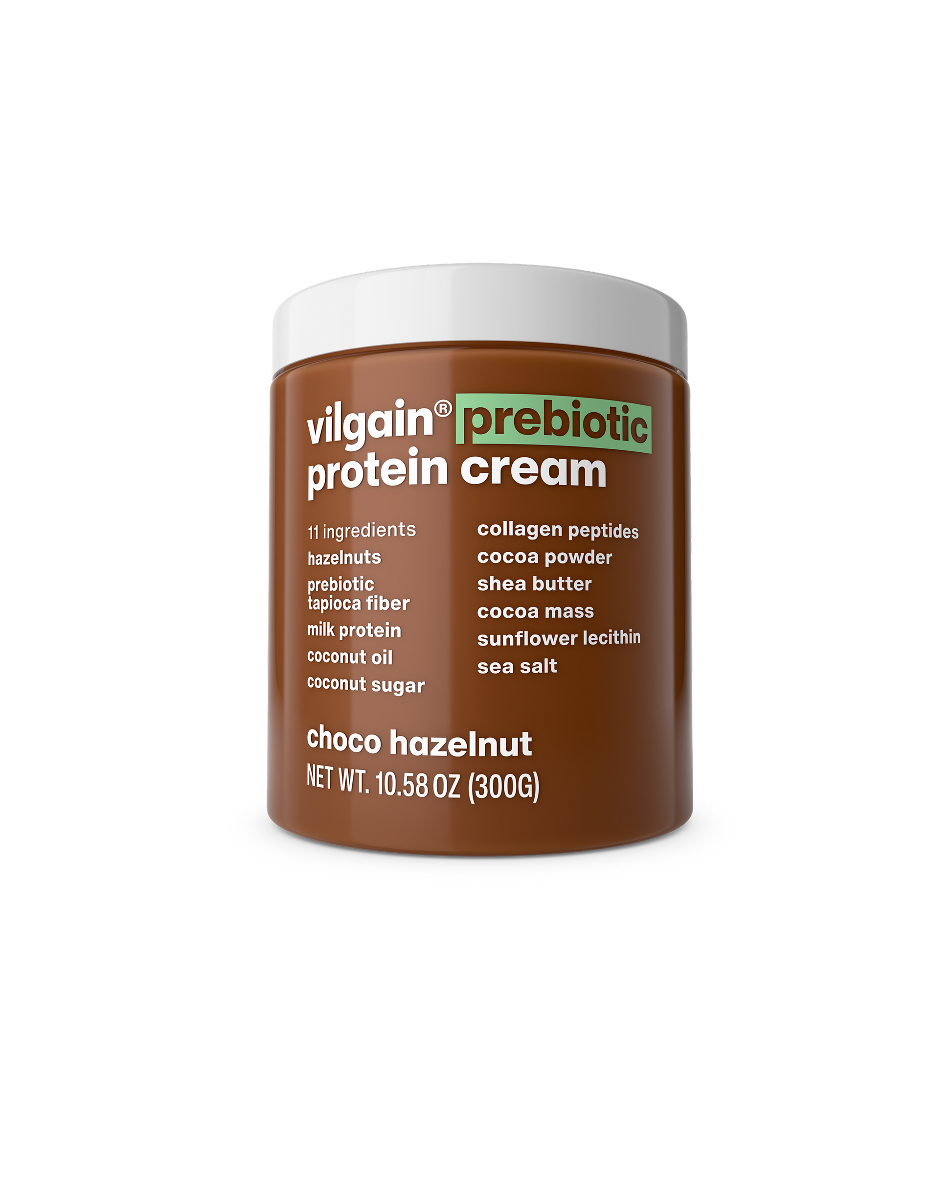 jar of vilgain prebiotic protein cream with choco hazelnut flavor on a white background