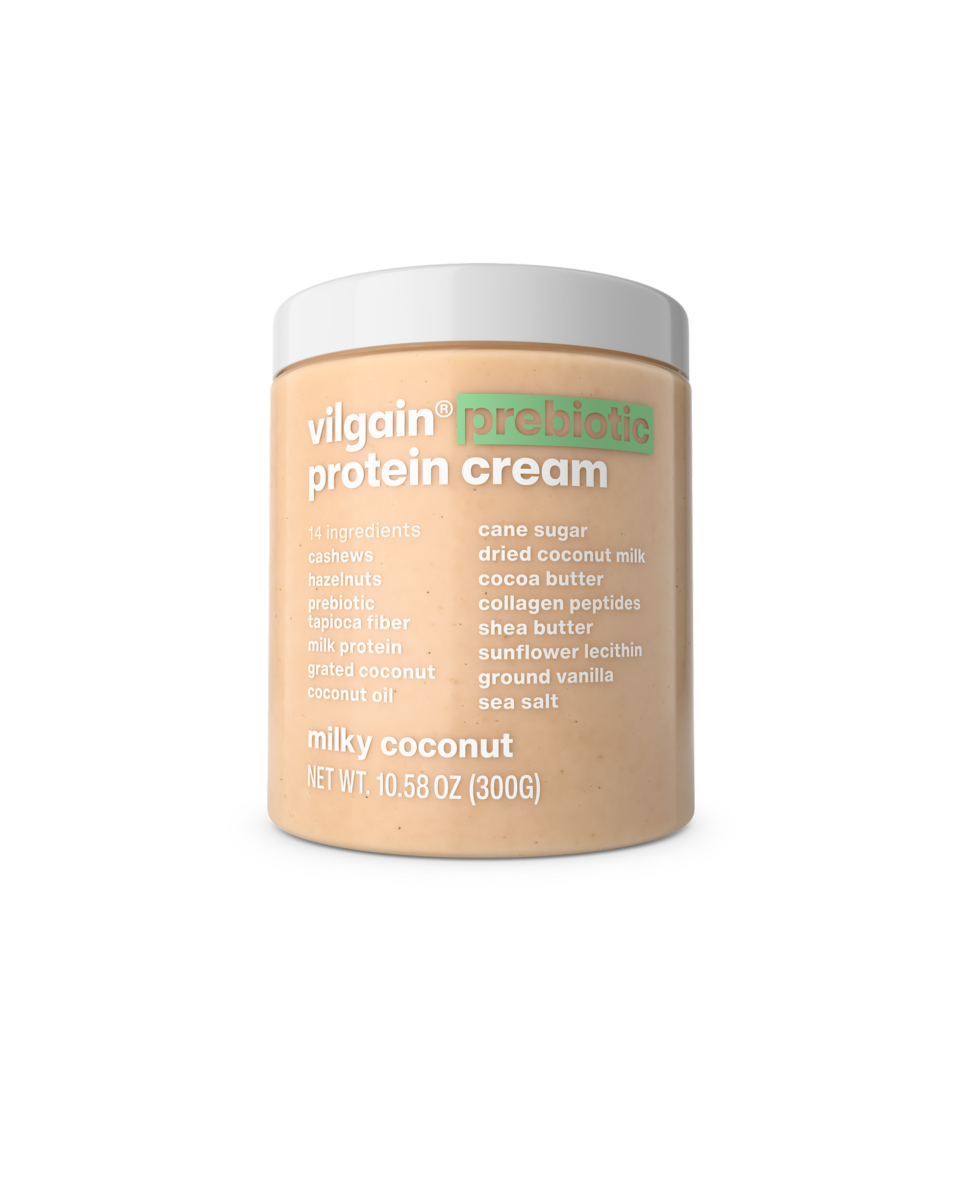jar of vilgain prebiotic protein cream with milky coconut flavor on a white background