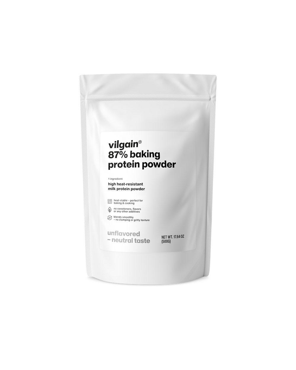 white packaging of vilgain 87% baking protein powder on a white background